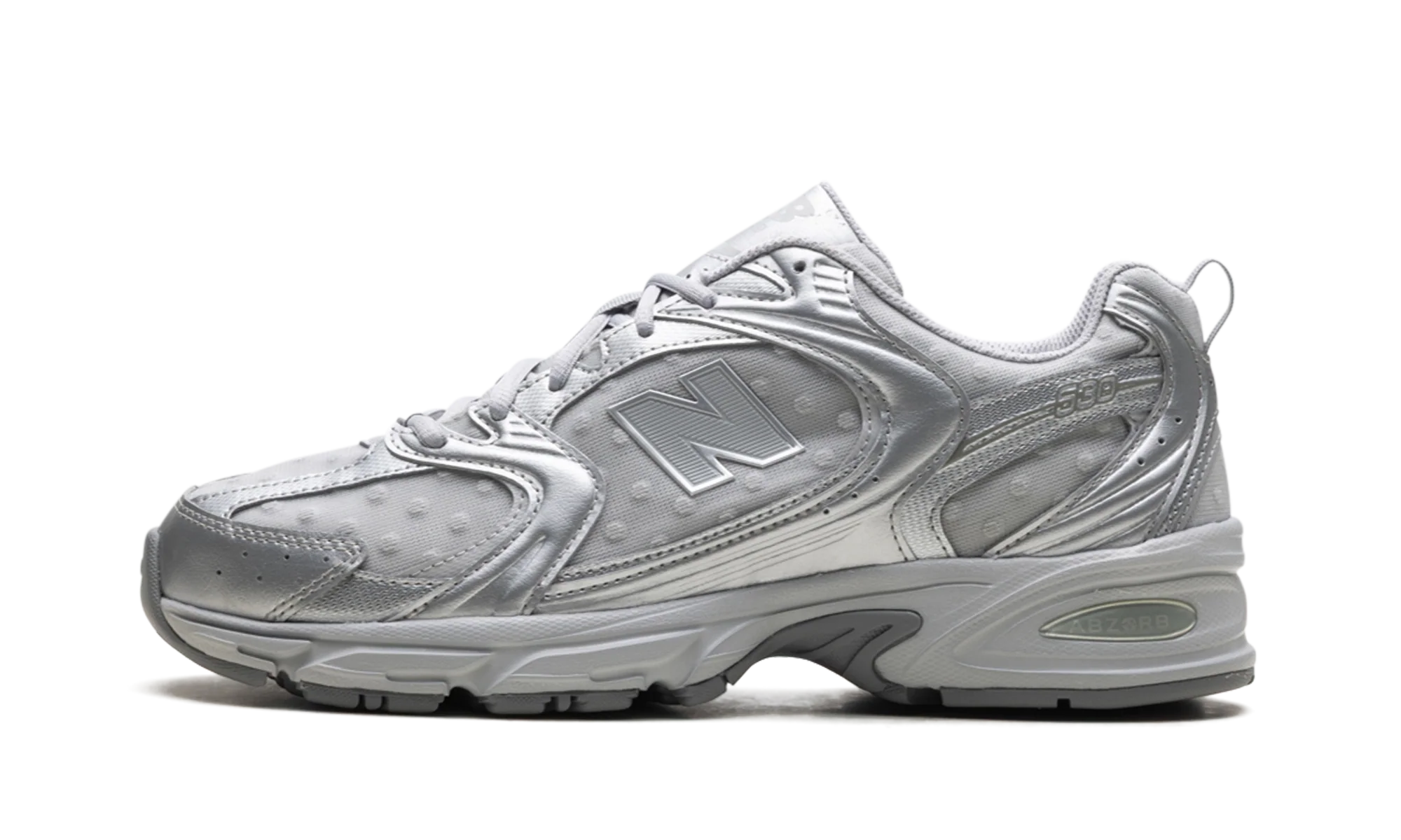 NB 530 – "Silver Metallic Raincloud Polka Dots"